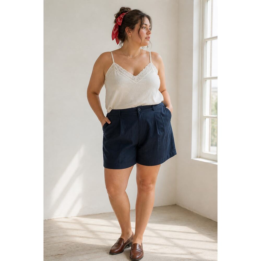 Darling Linen Chino Pleated Tailored Shorts Navy Blue Euro Coastal Size XXL NWT
